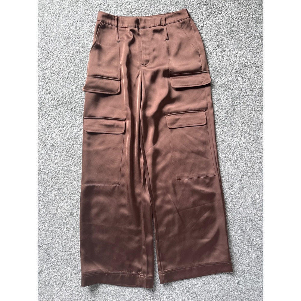 The Noli Shop Brown Satin Wide Leg Cargo Pants High Rise Size‎ 4 Y2K Trendy